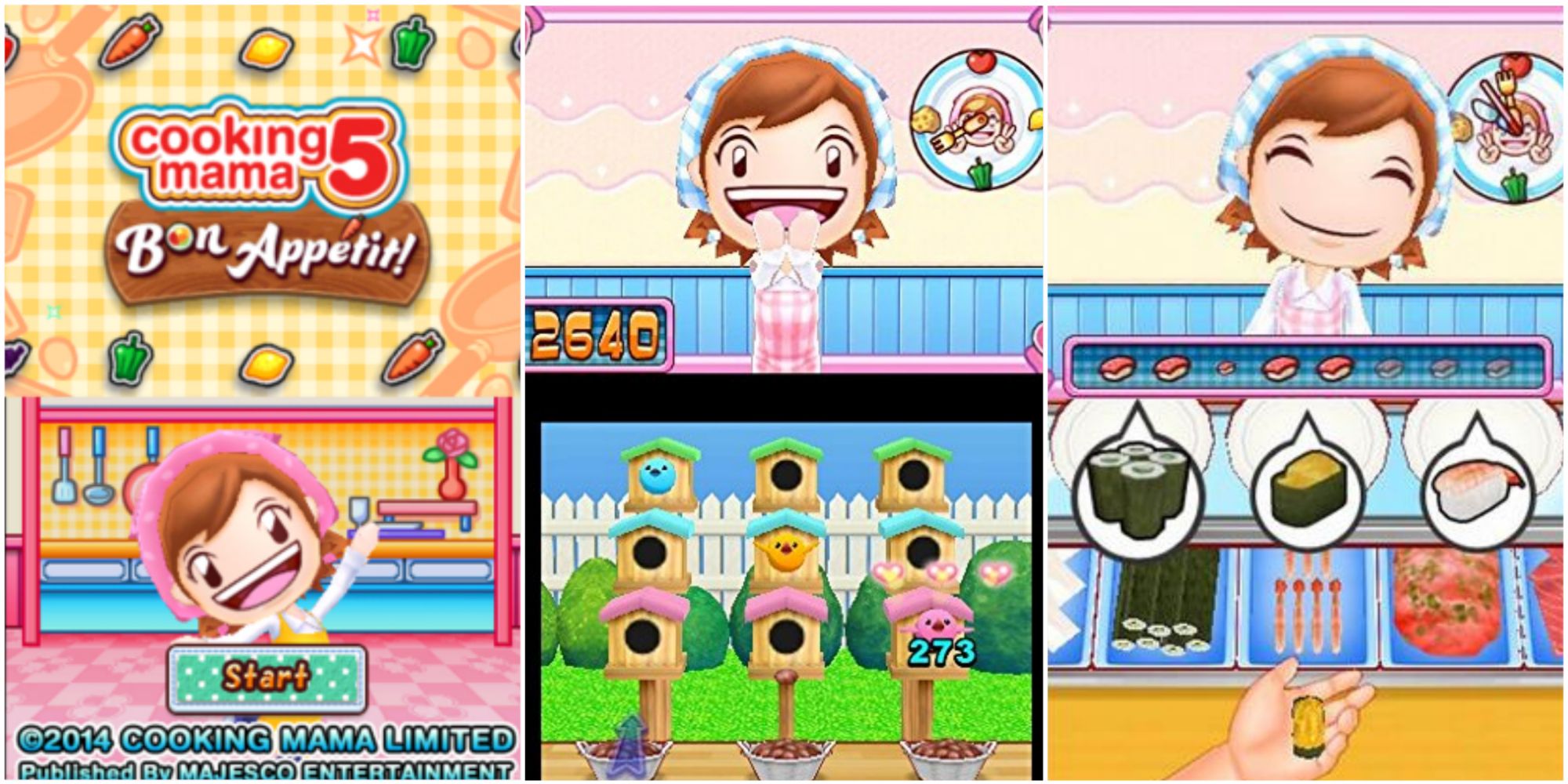 Split image of Mama on Cooking Mama menu, Mama happy as birds sit in birdhouse, and Mama watching as you make sushi