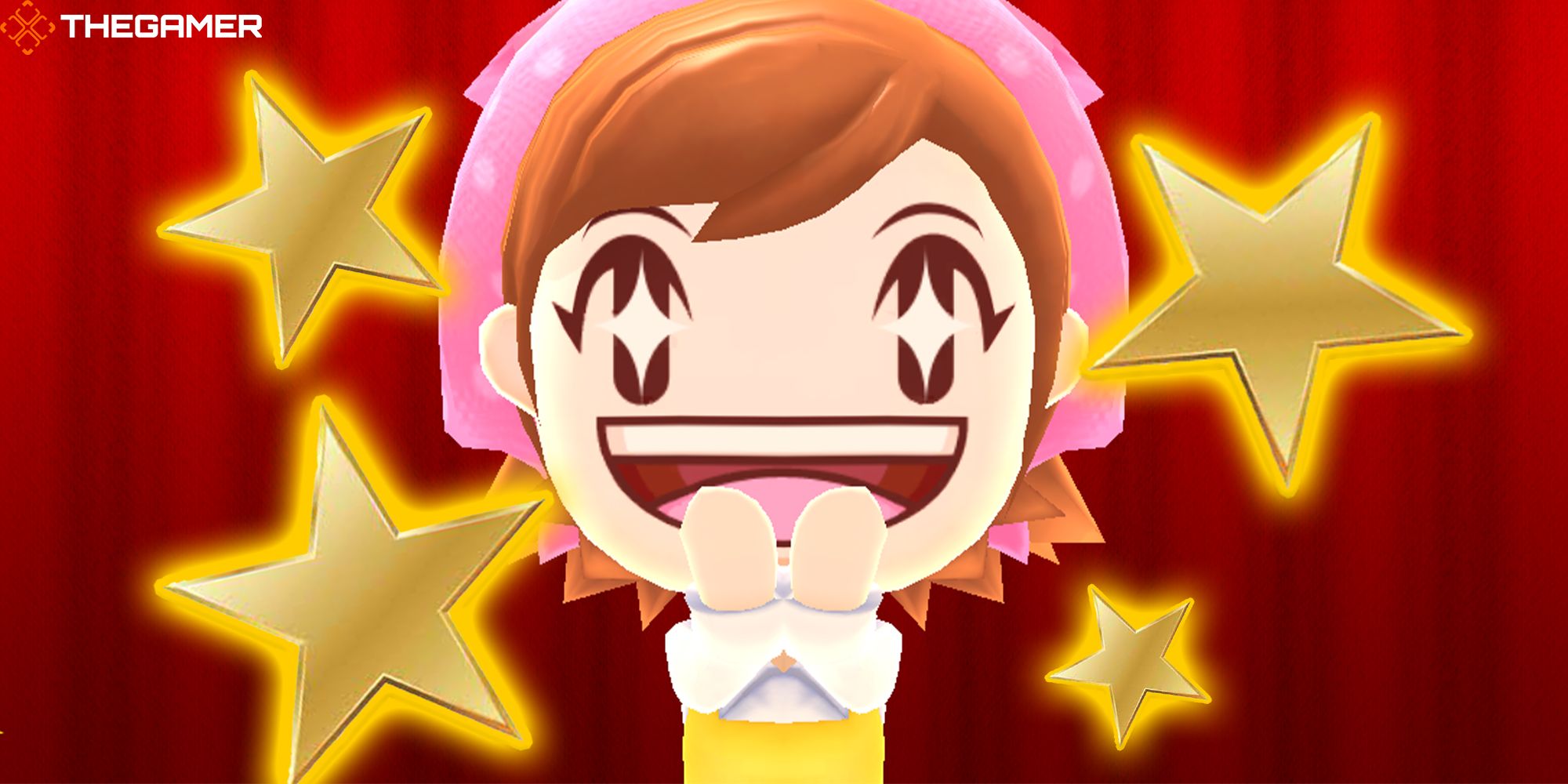 Stars surround Cooking Mama, who stands in awe of your cooking prowess in front of a red curtain in Cooking Mama: Cuisine!