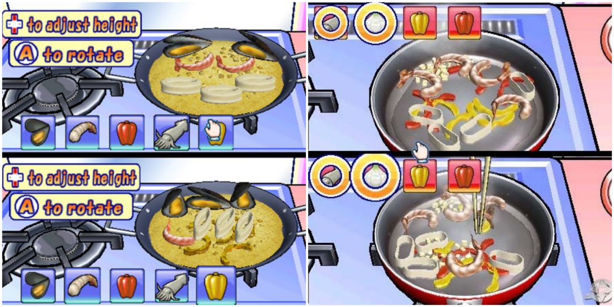 A split image of players competing to fry a seafood dish in cream sauce and players competing to fry seafood in empty pan