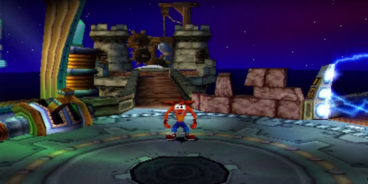 Crash Bandicoot standing in the middle of the Time Twister Machine