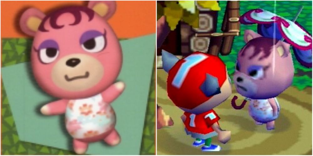 Split image screenshot's of Cupcake's card and Cupcake in Animal Crossing.