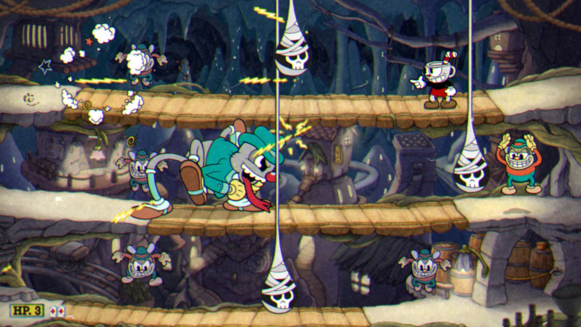 Cuphead The Delicious Course, The Moonshine Mob, Phase 1, Clearing out mobs with the Converge shot