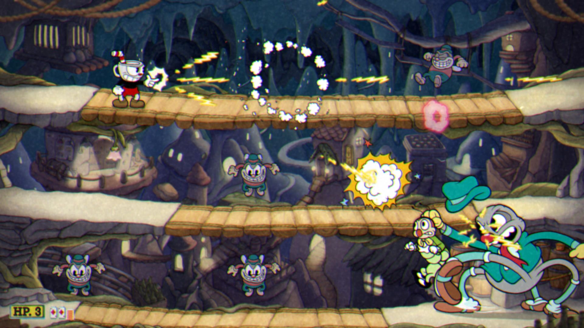 Cuphead The Delicious Course, The Moonshine Mob, Phase 1, Spider kicking Caterpillar