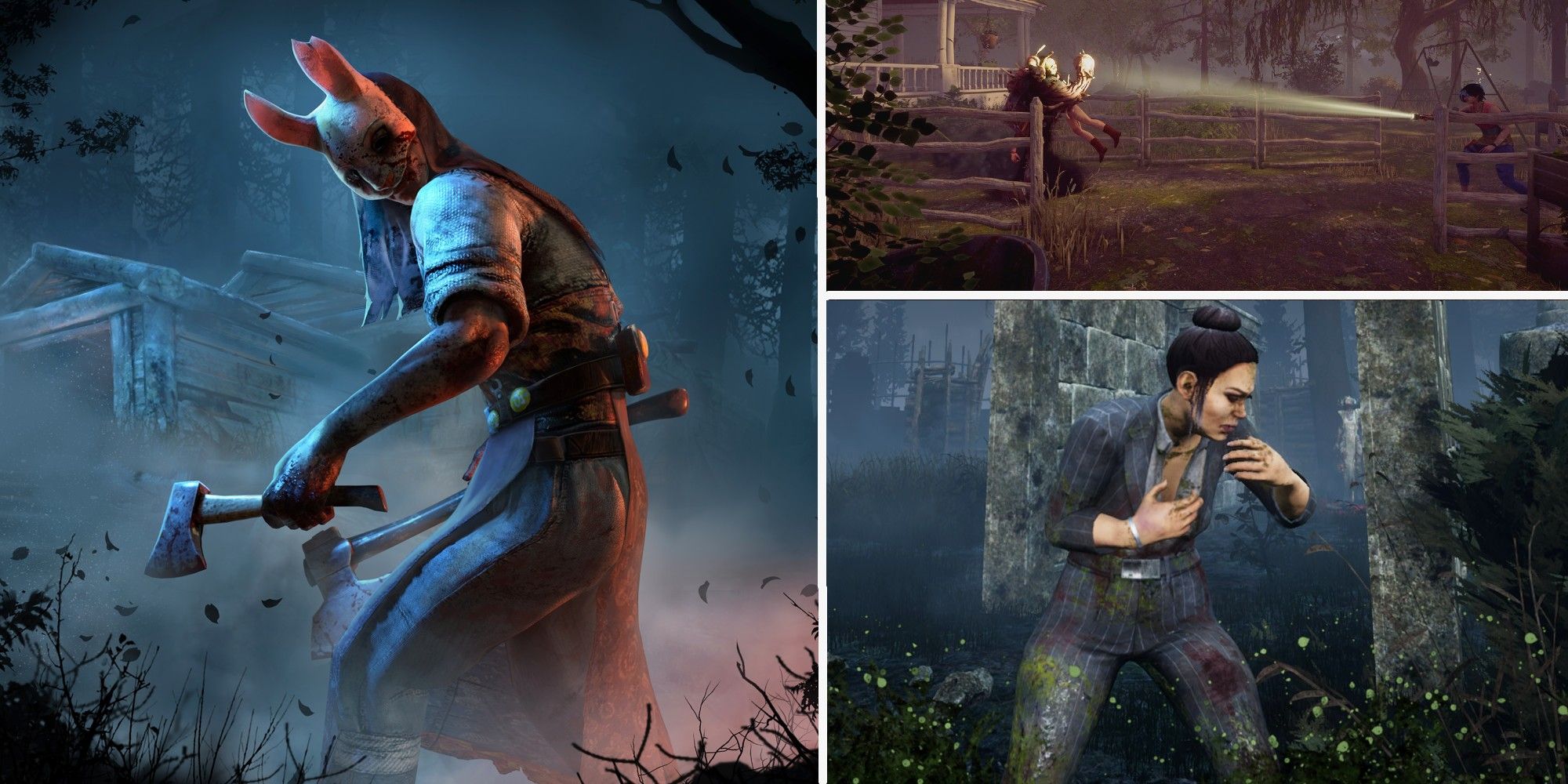 The huntress, a survivor using the come here emote, and a survivor performing a flashlight save in Dead By Daylight