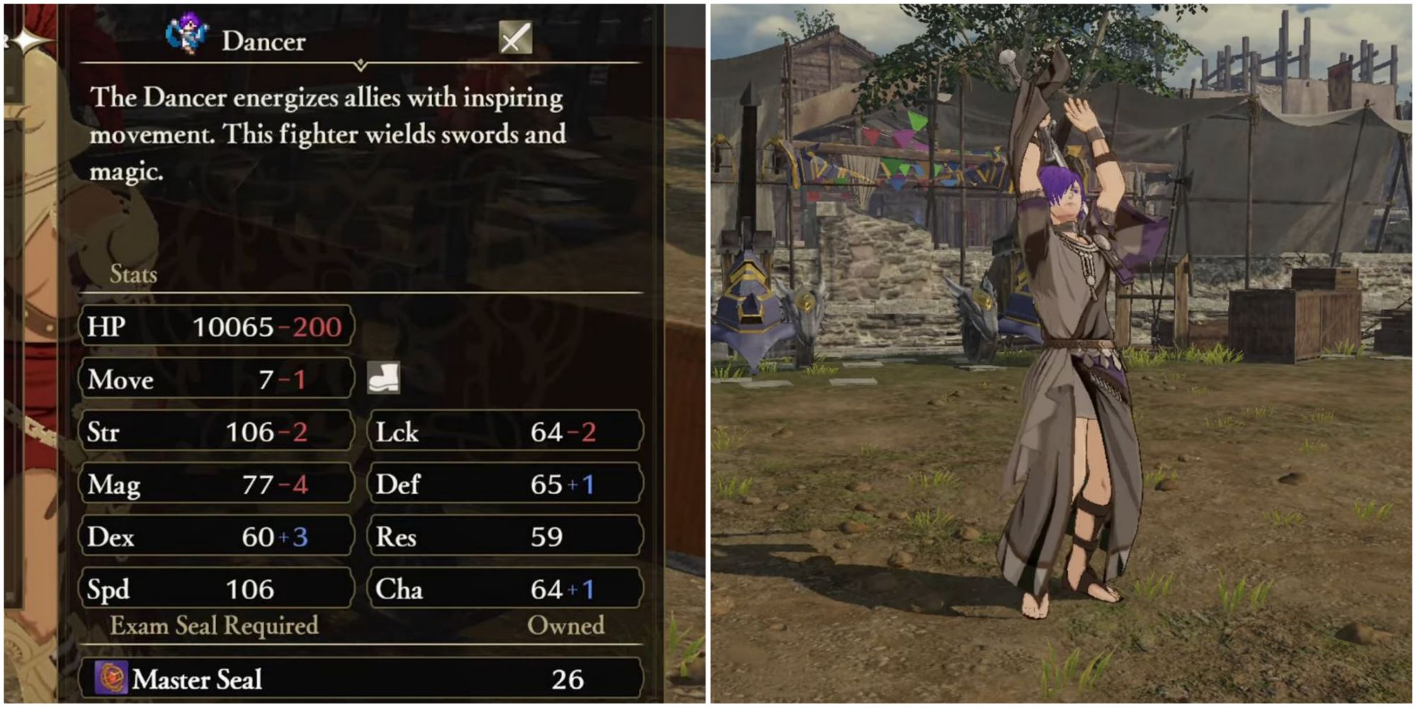 A split image of Dancer stat screen and Shez in dancer outfit