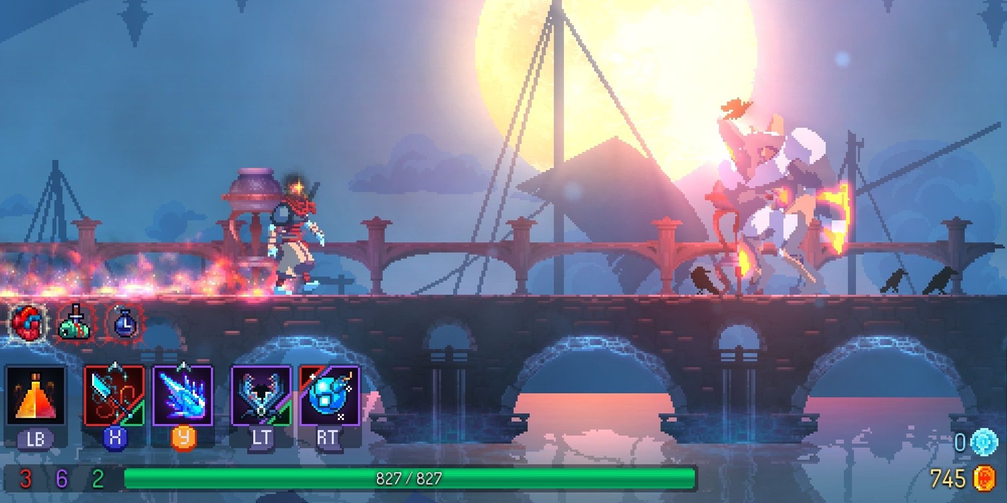 Prisoner in Dead Cells fighting an enemy on a bridge over water