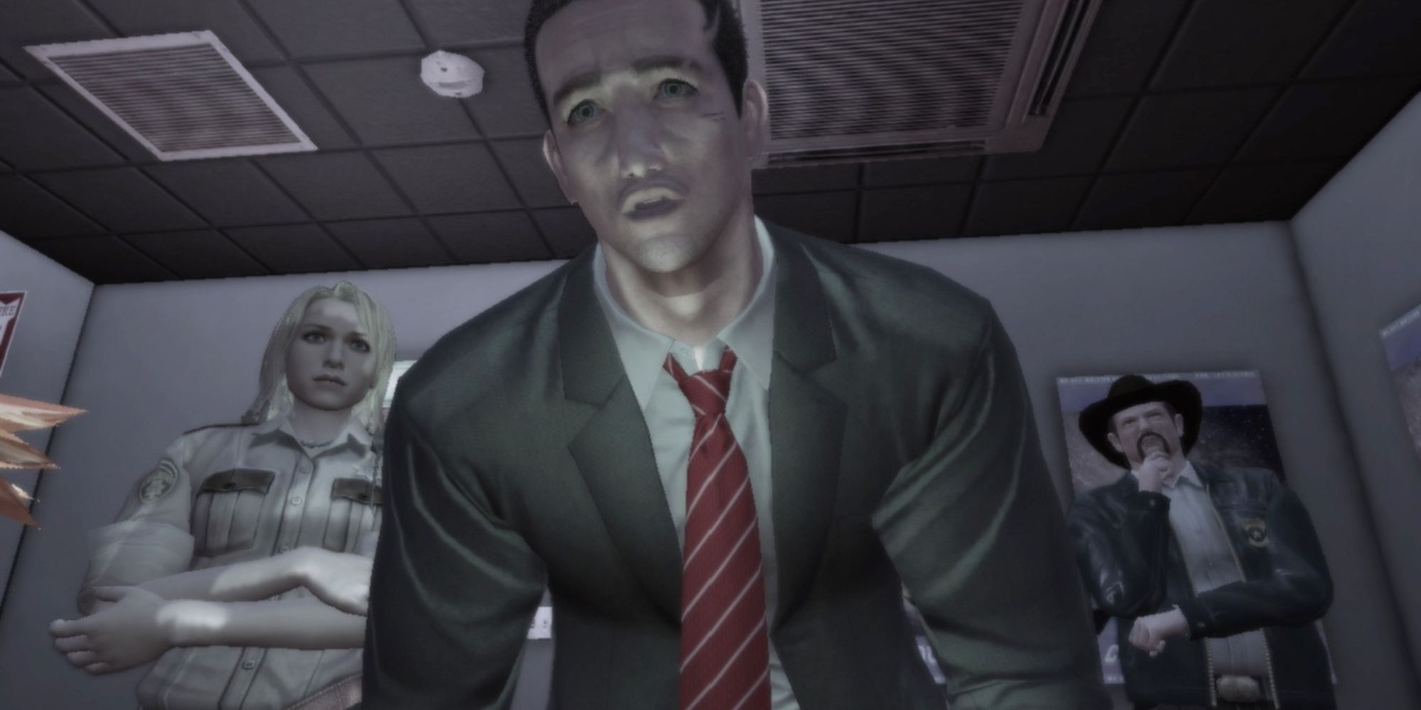 Deadly Premonition Francis York Morgan leans forward with Emily and George behind him