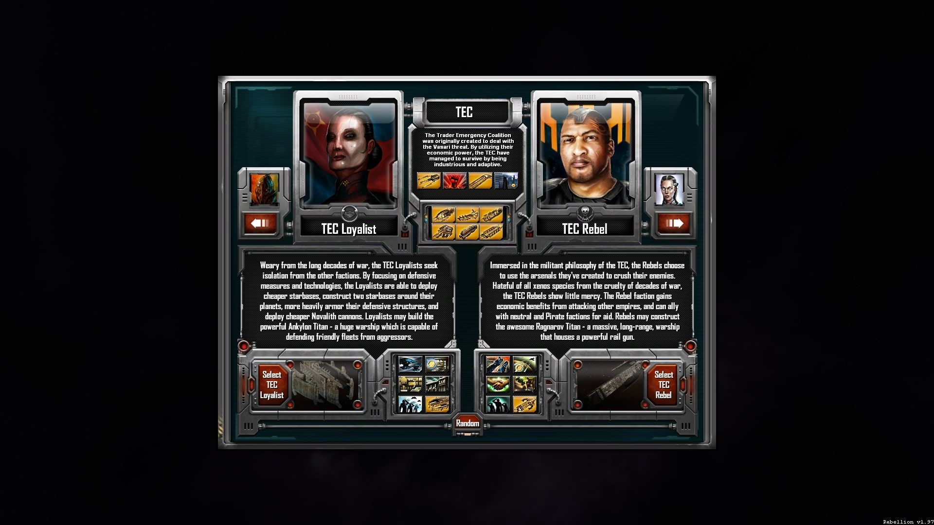 Sins Of A Solar Empire: Rebellion TEC faction selection screen