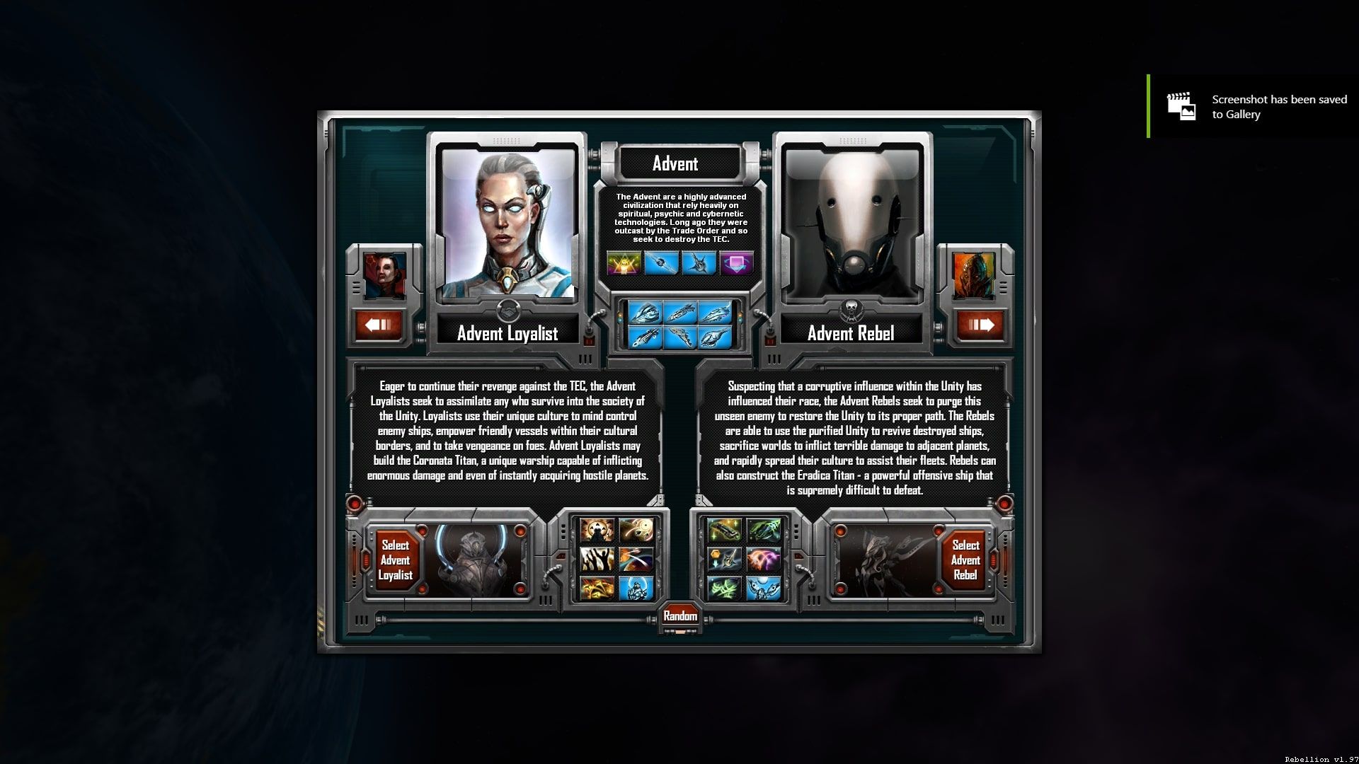 Sins Of A Solar Empire: Rebellion Advent faction selection screen