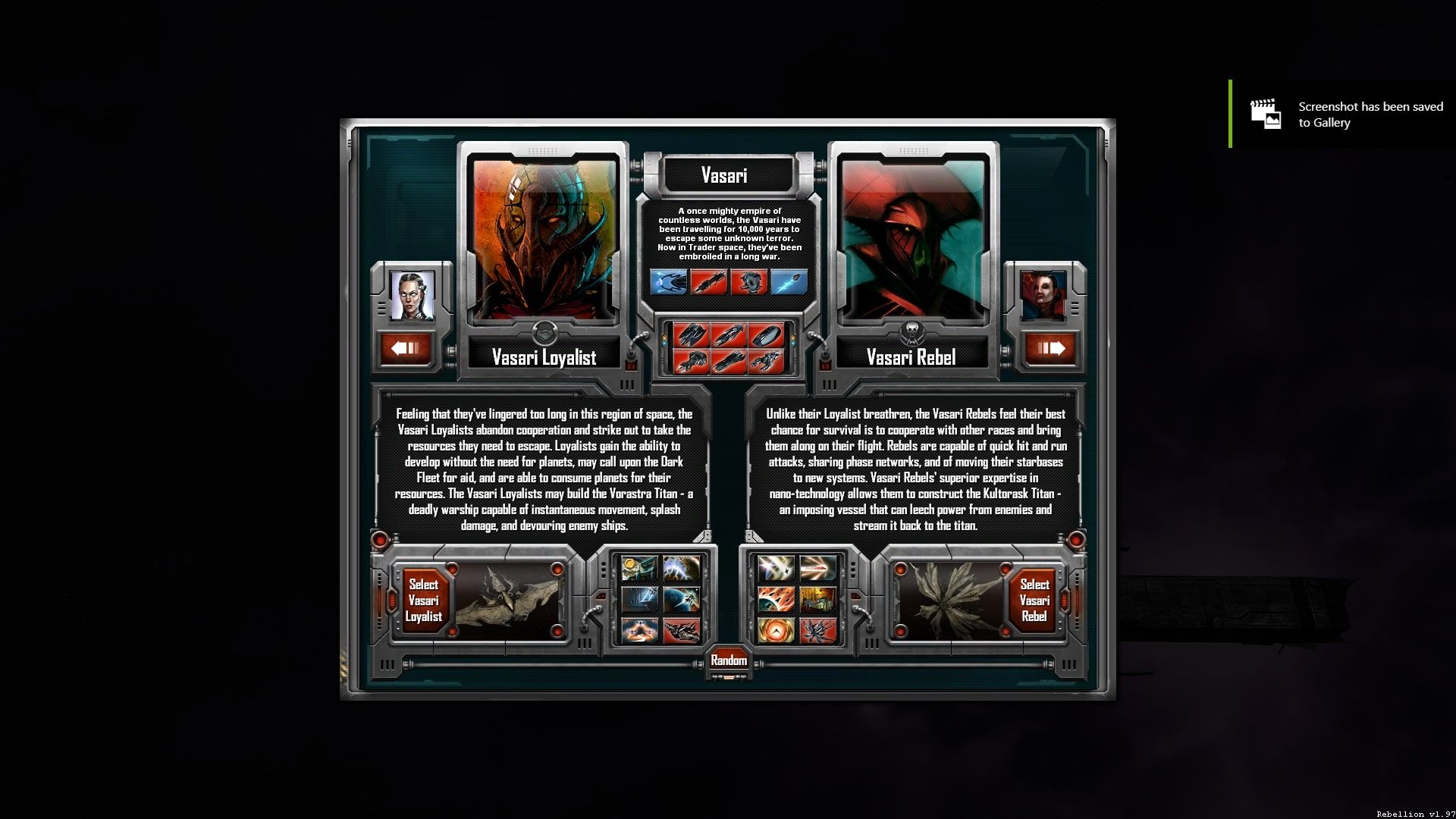 Sins Of A Solar Empire: Rebellion Vasari faction selection screen