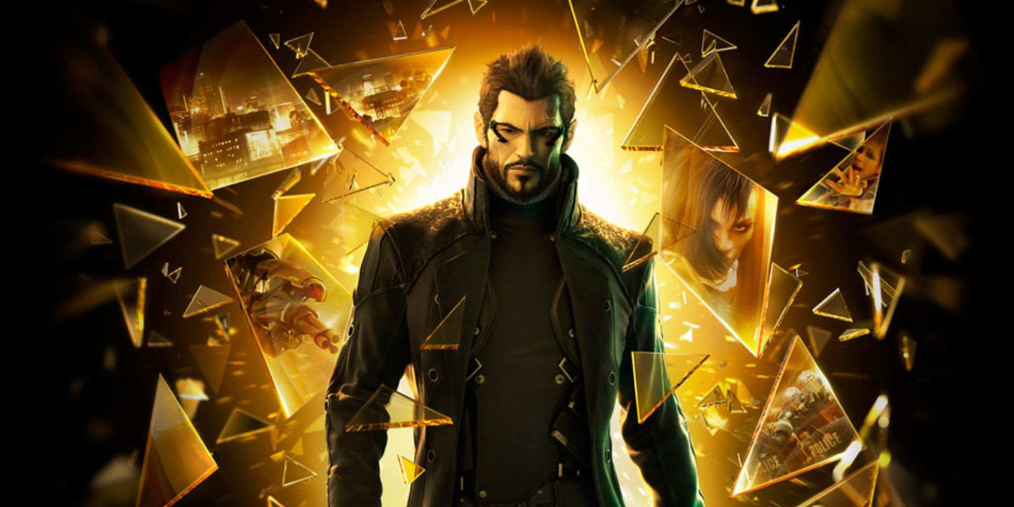 Adam Jensen Surrounded By Broken Glass In Deus Ex Human Revolution