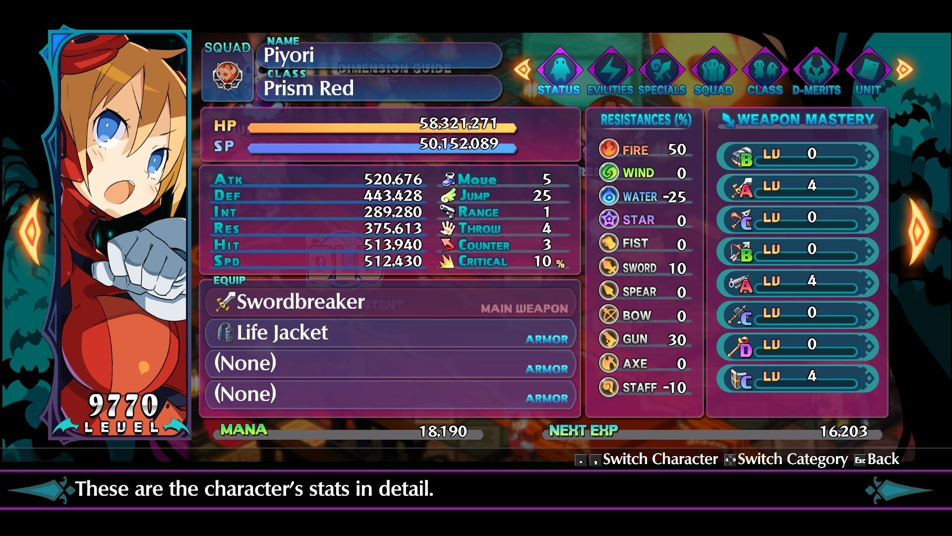 Disgaea 6 Piyori status screen