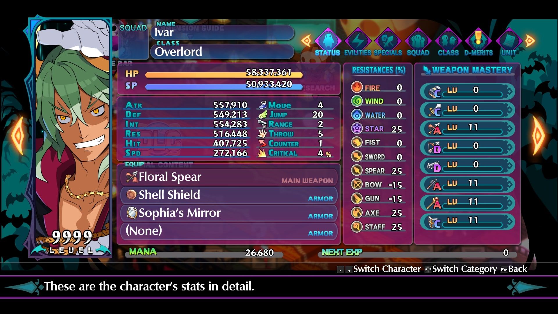 Disgaea 6 Overlord Ivar Status Screen