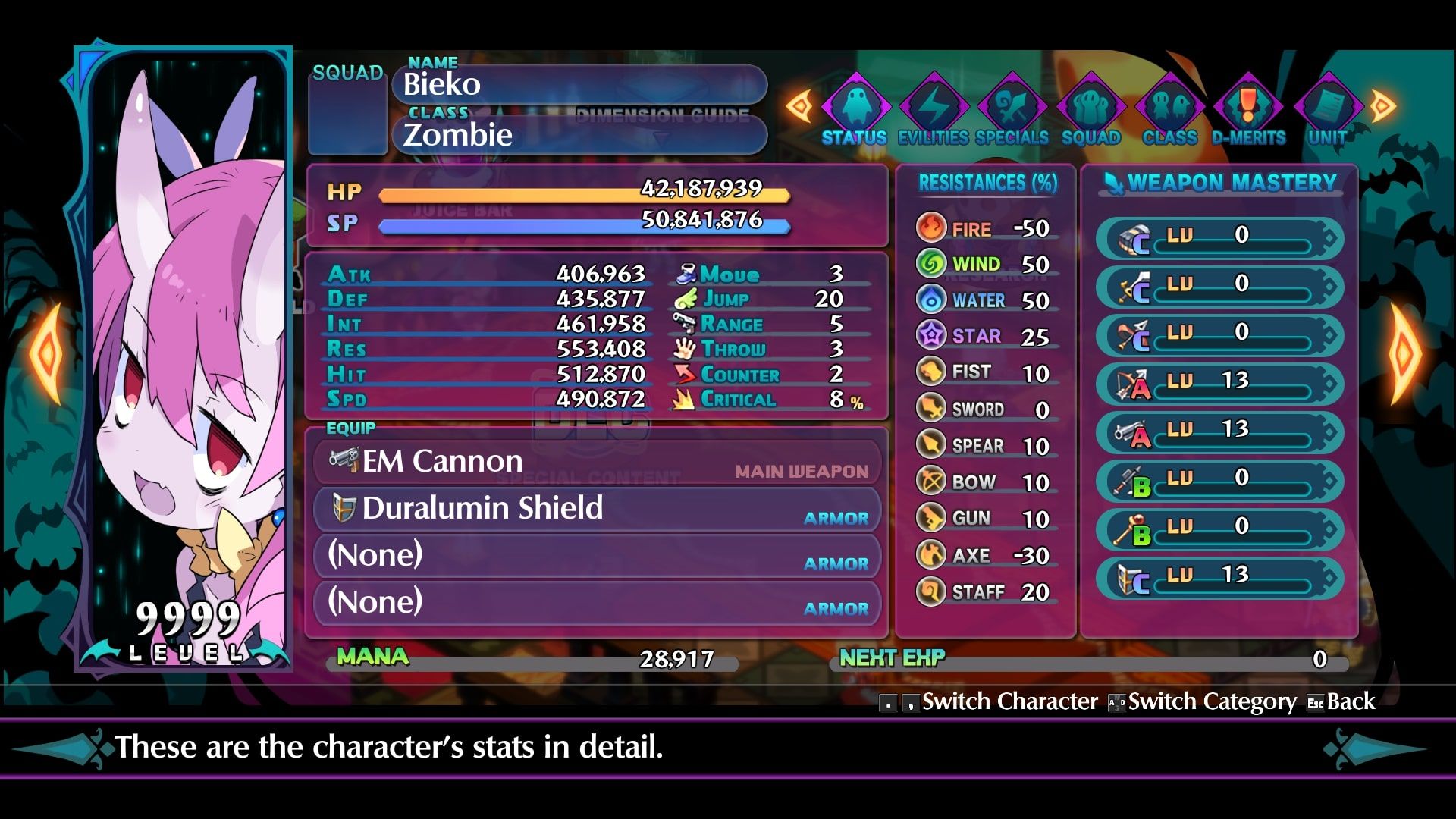 Disgaea 6 Bieko status screen