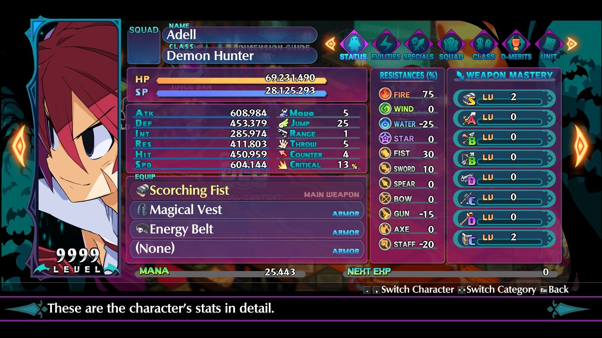 Disgaea 6 Adell Status Screen