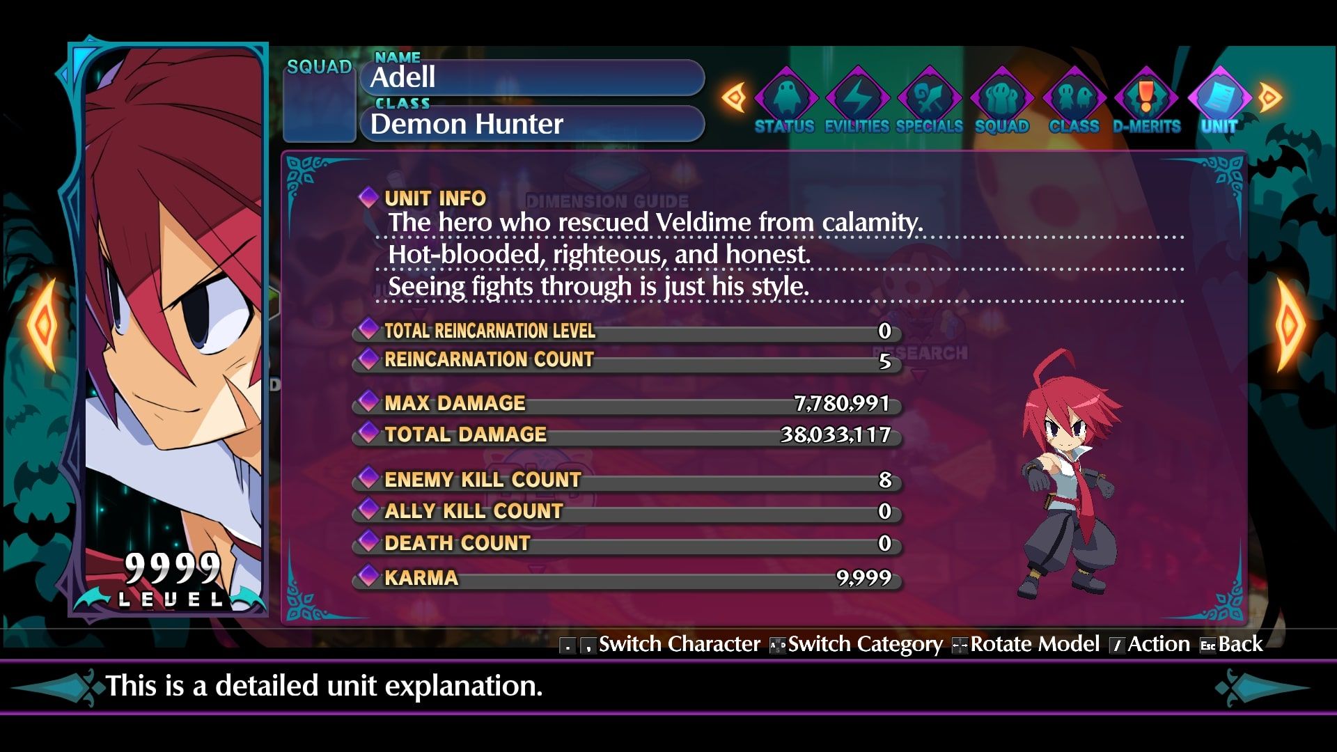 Disgaea 6 Adell info screen