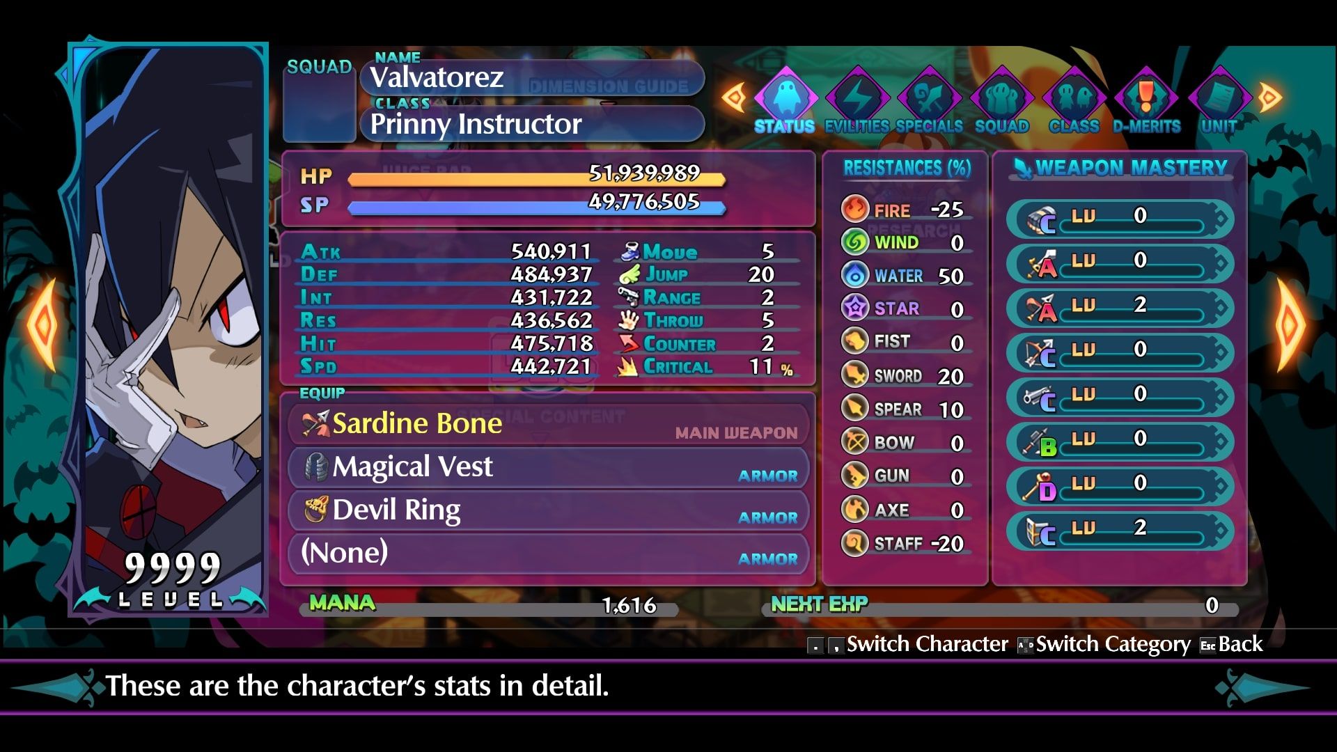 Disgaea 6 Valvatorez status screen