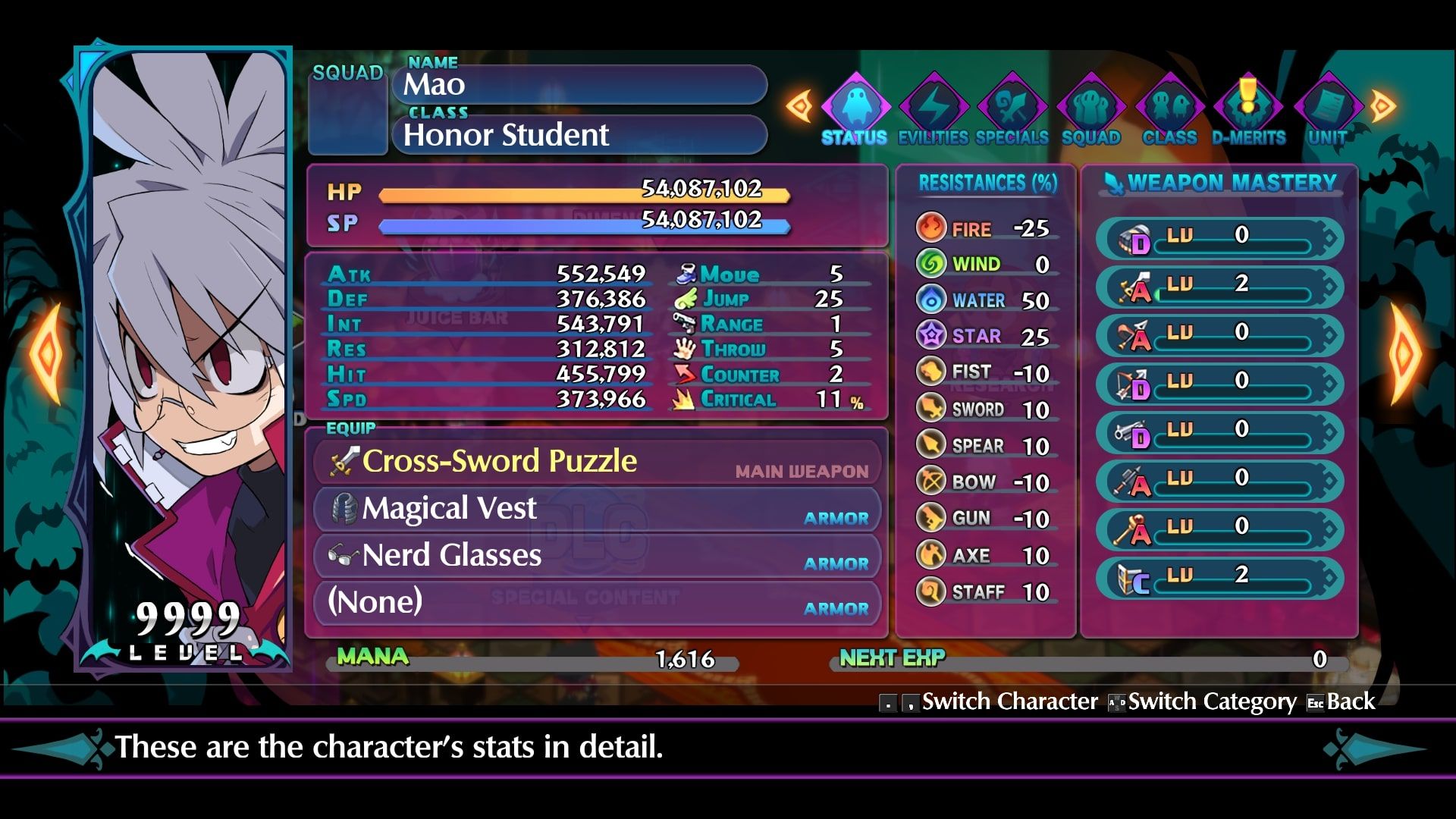 Disgaea 6 Mao Status Screen