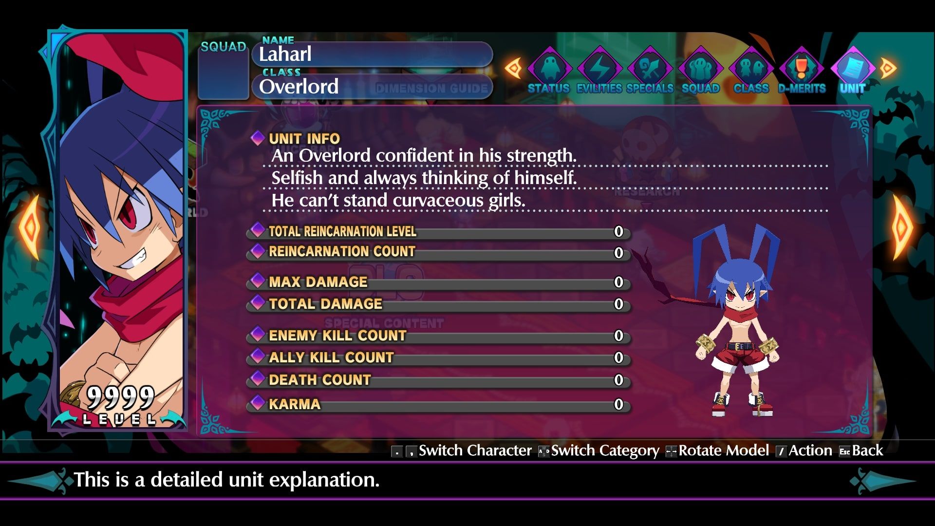 Disgaea 6 Laharl Info screen