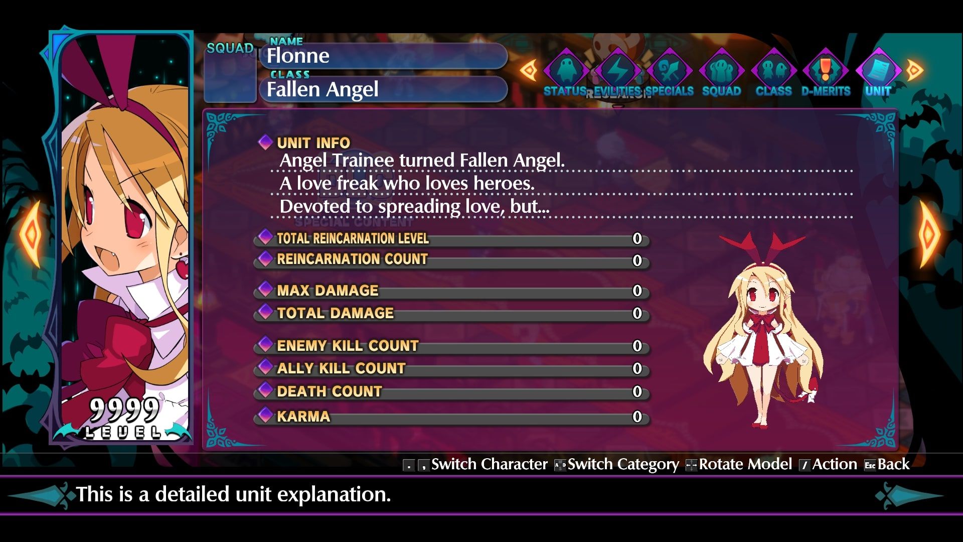 Disgaea 6 Flonne Info screen