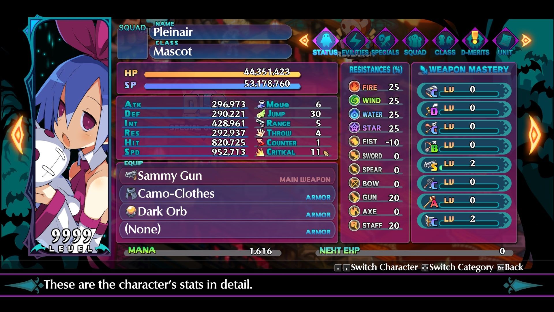 Disgaea 6 Pleinair Status screen