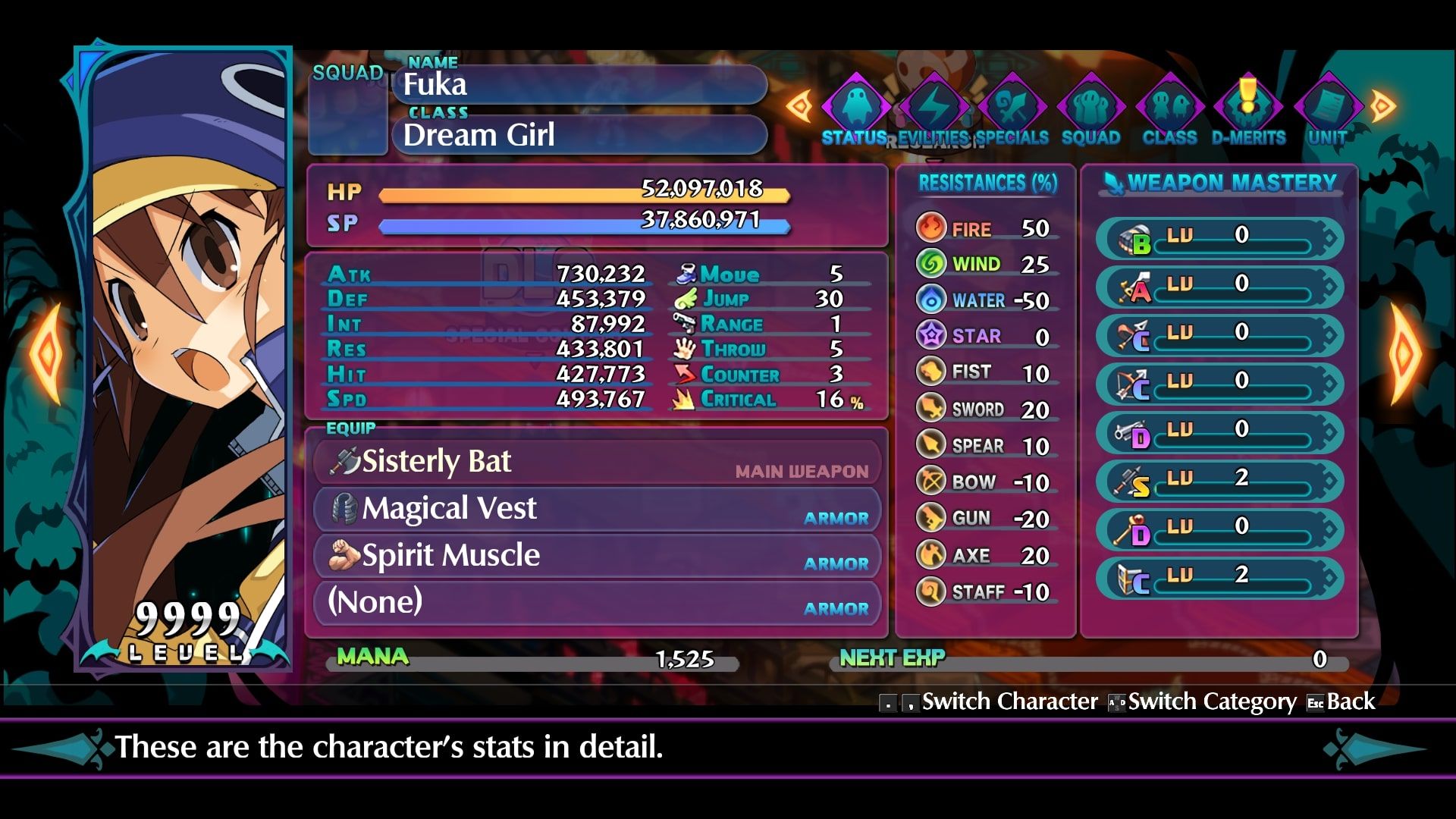 Disgaea 6 Fuka status screen