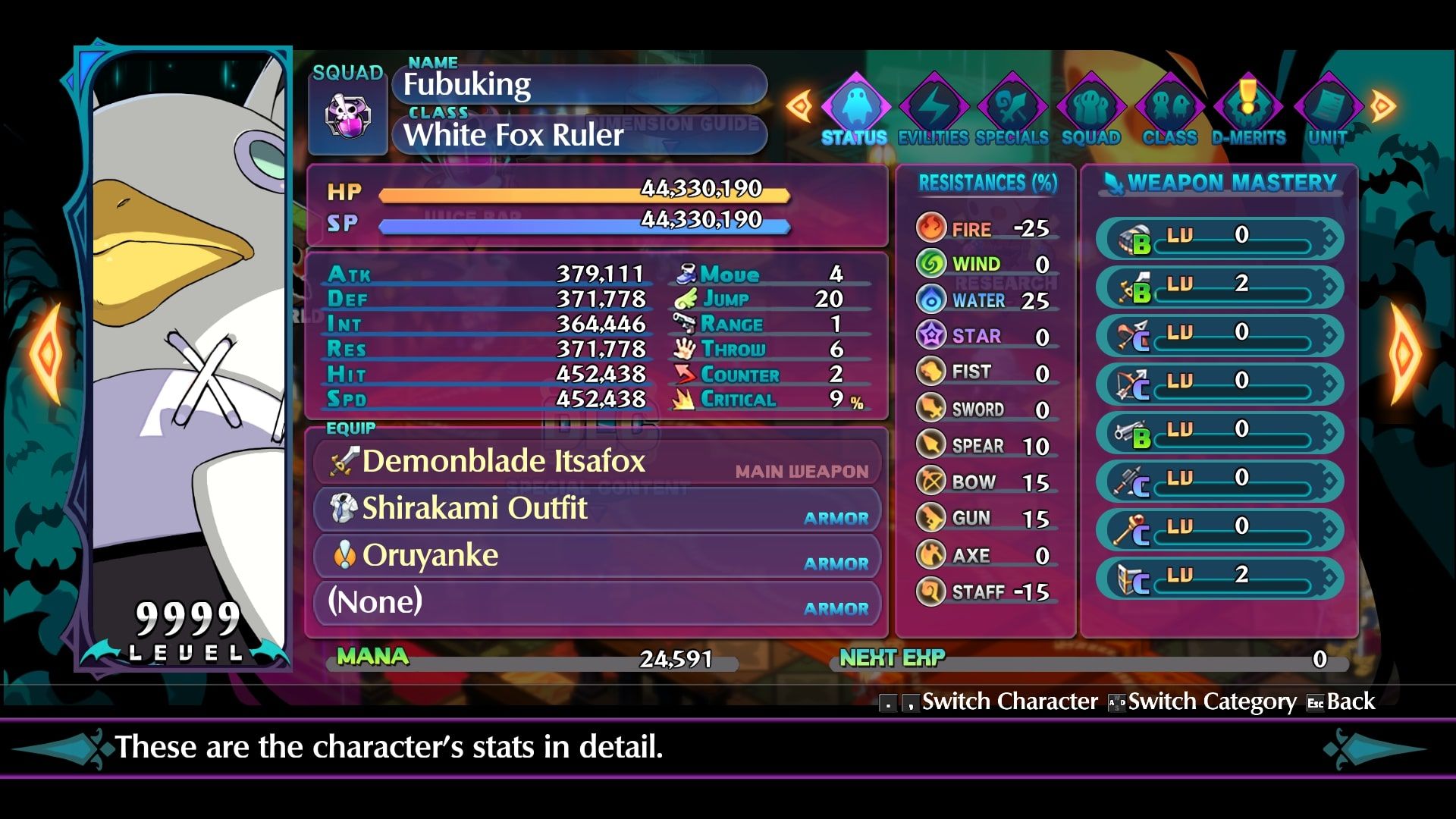 Disgaea 6 Fubuking status screen