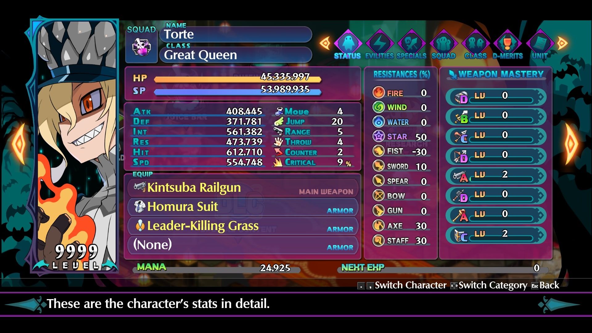 Disgaea 6 Torte Status Screen