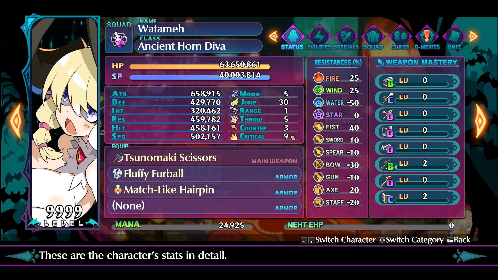 Disgaea 6 Watameh status screen