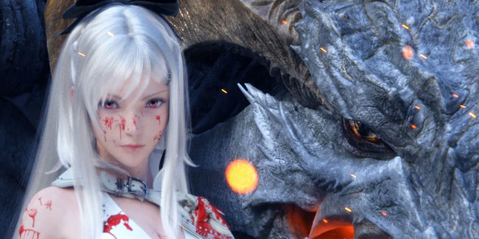 Drakengard 3 Zero covered in blood, with her dragon Mikhail with her