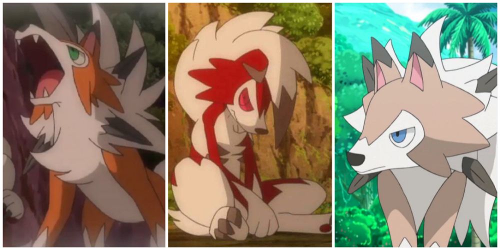 Split image screenshots of Dusk Form Lycanroc, Midnight Form Lycanroc and Midday Form Lycanroc in the Pokemon anime.