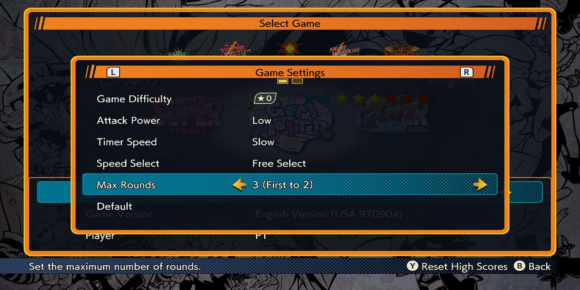 These Pocket Fighter/Super Gem Fighter Mini Mix game settings are set to a lower attack power and slower timer speed than the default in Capcom Fighting Collection.