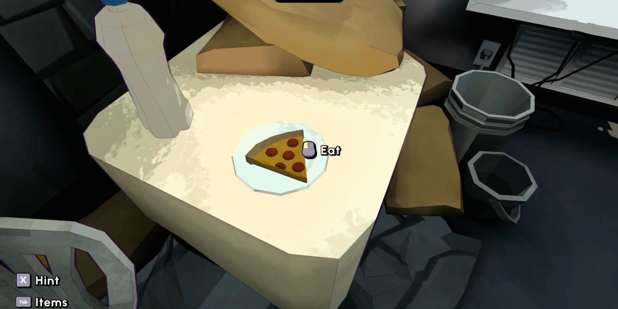 Eat The Pizza sitting on a table and plate in and abandoned room
