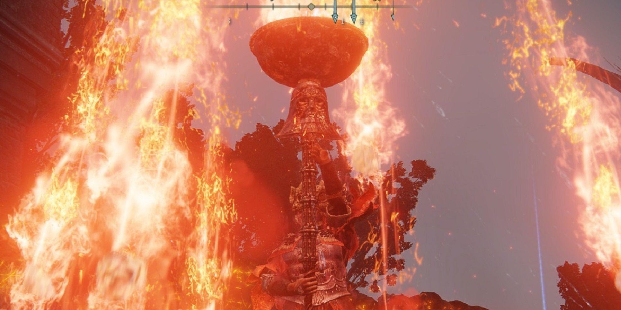 Elden Ring Character holding Cranial Vessel Candlestand as it erupts with fire