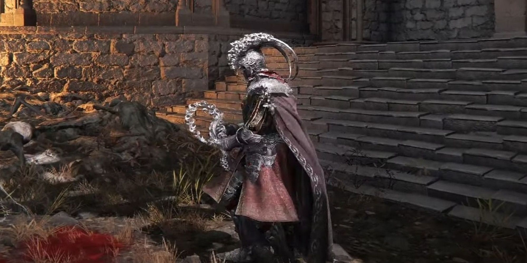 Elden Ring character in front of a stone staircase with Hoslow's Petal Whip
