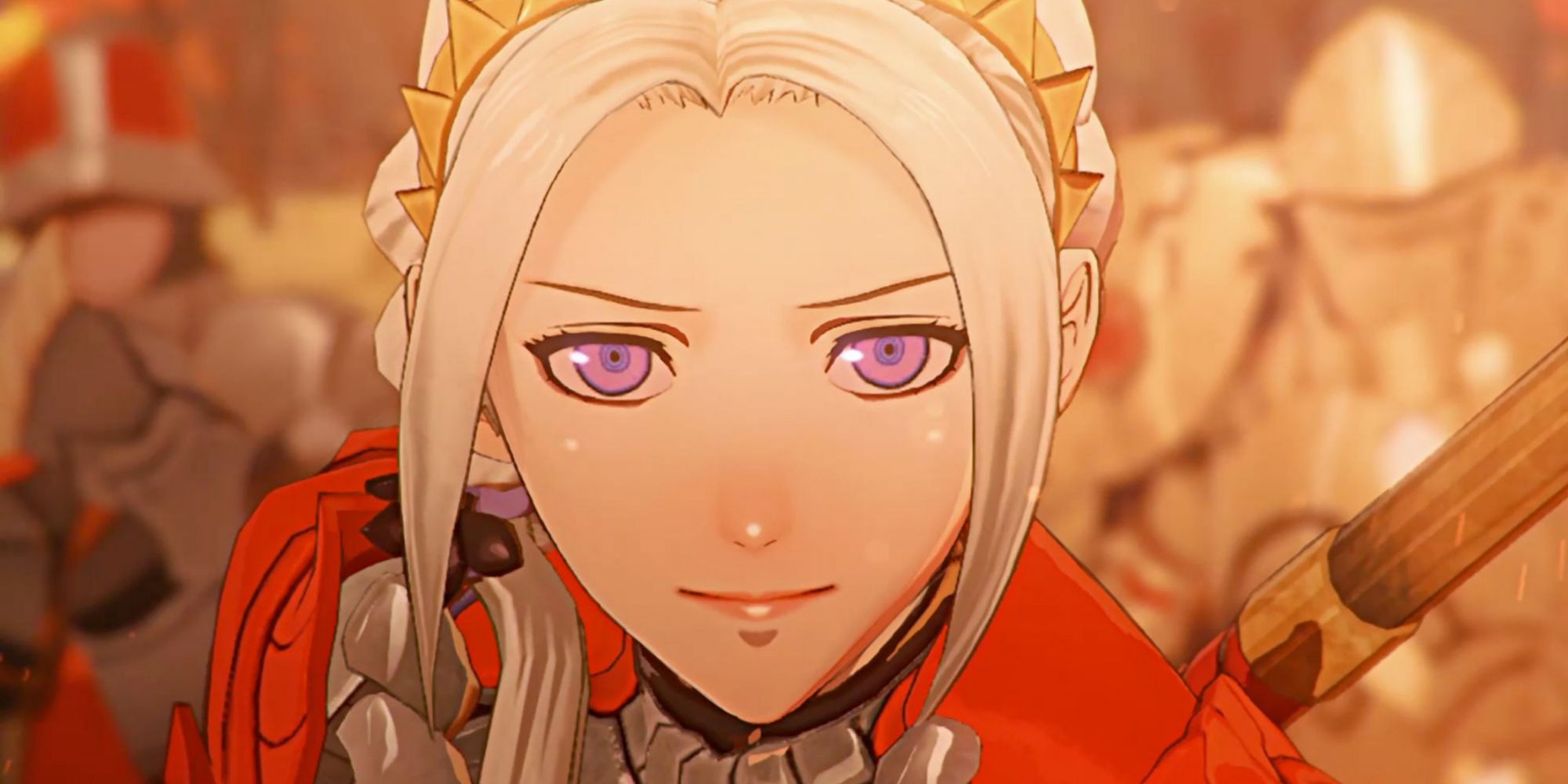 Edelgard stands at the ready with soldiers behind her