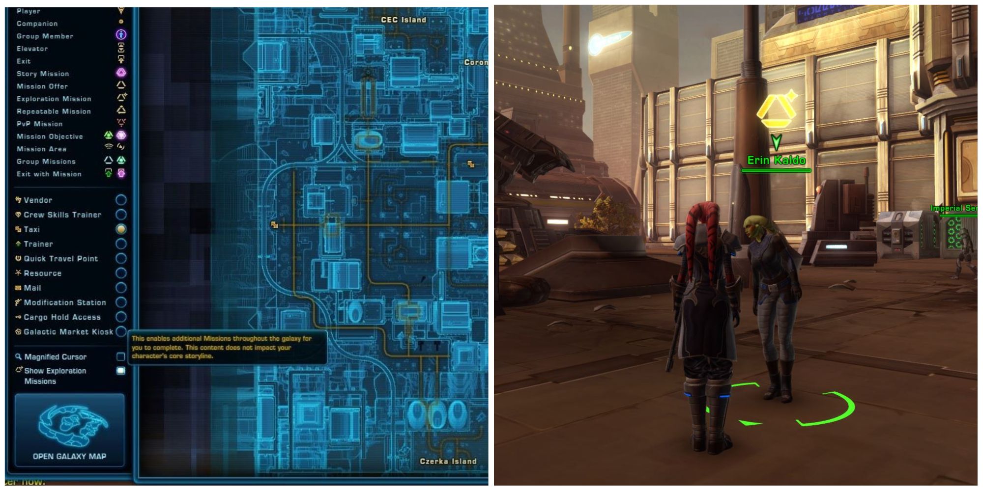 SWTOR exploration missions check box and a character picking up a side quest