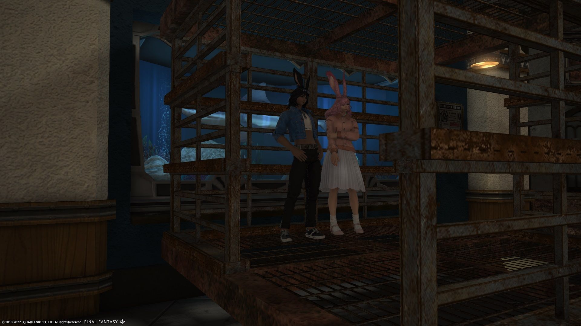 FF14 Eorzean Aquarium shark encounter with players standing in a shark cage