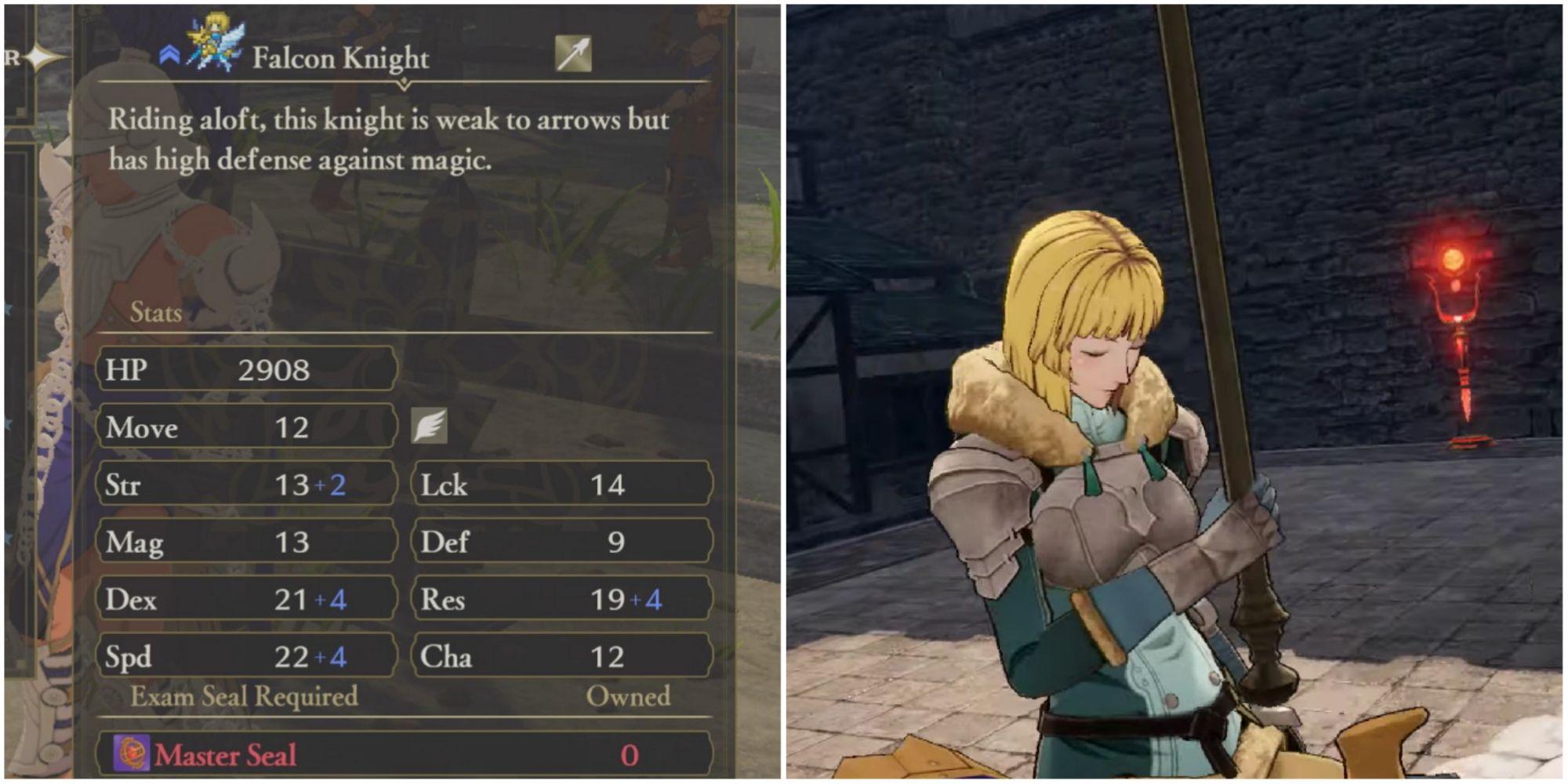 Split image of Falcon Knight stat screen and Ingrid holding lance