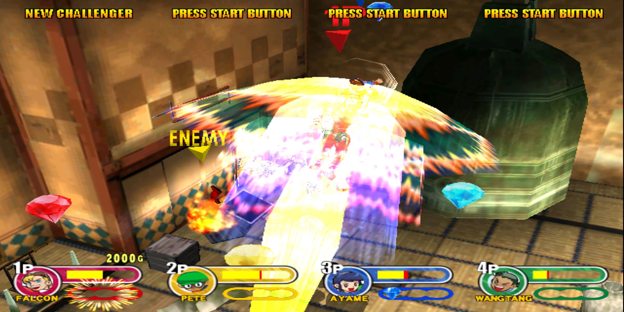 Falcon charges into his foes during a battle inside a Japanese castle in Power Stone 2.