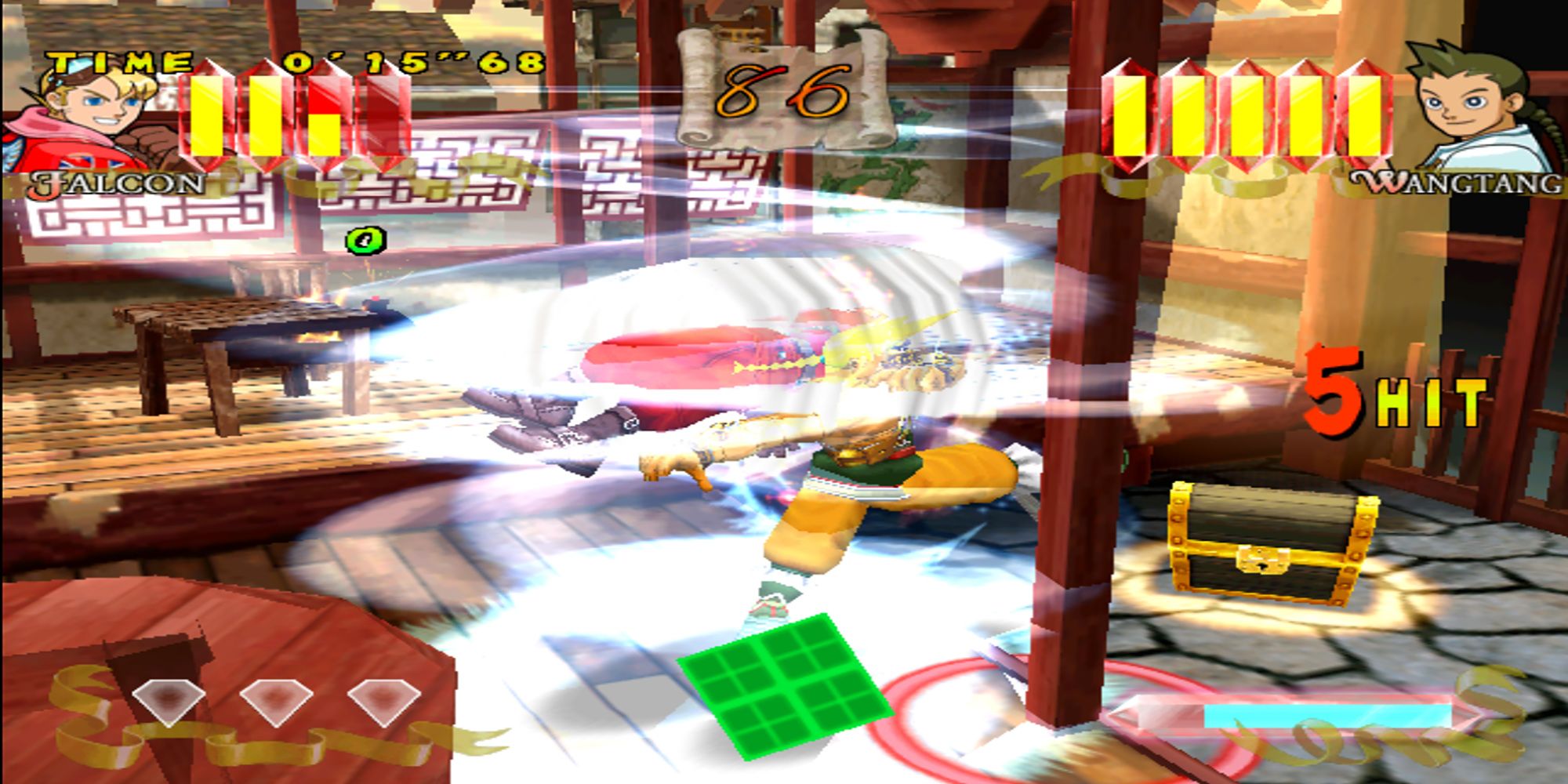Wangtang spins Falcon in a powerful cyclone during a restaurant brawl in Power Stone.