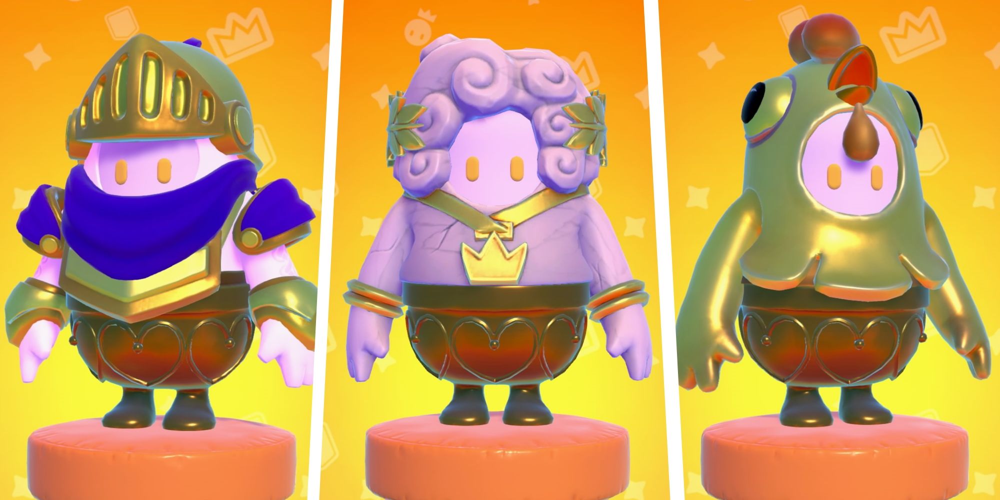 Golden Knight, Marblellous, and Golden Chicken costumes from Fall Guys