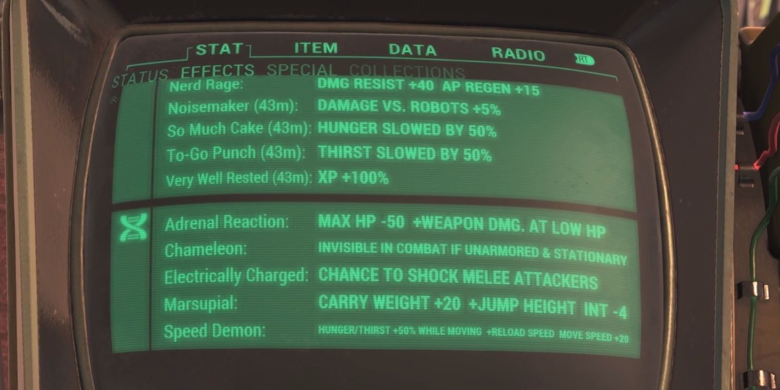 Fallout 76 Best Mutations Adrenal Reaction effects page in Pip Boy.