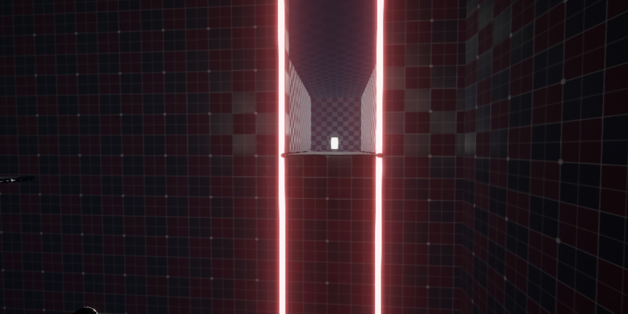 A door lies out in the distance of a red and black-tiled room in Inertia: Redux.