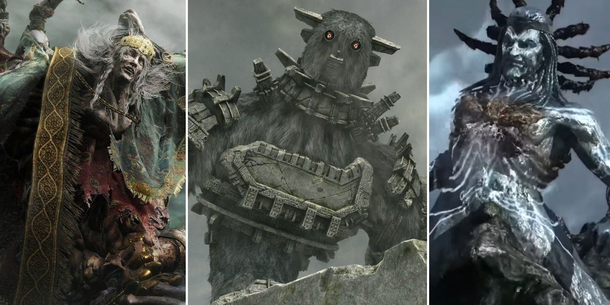 Character designs split image. Elden Ring, Shadow of the Colossus, God of War.