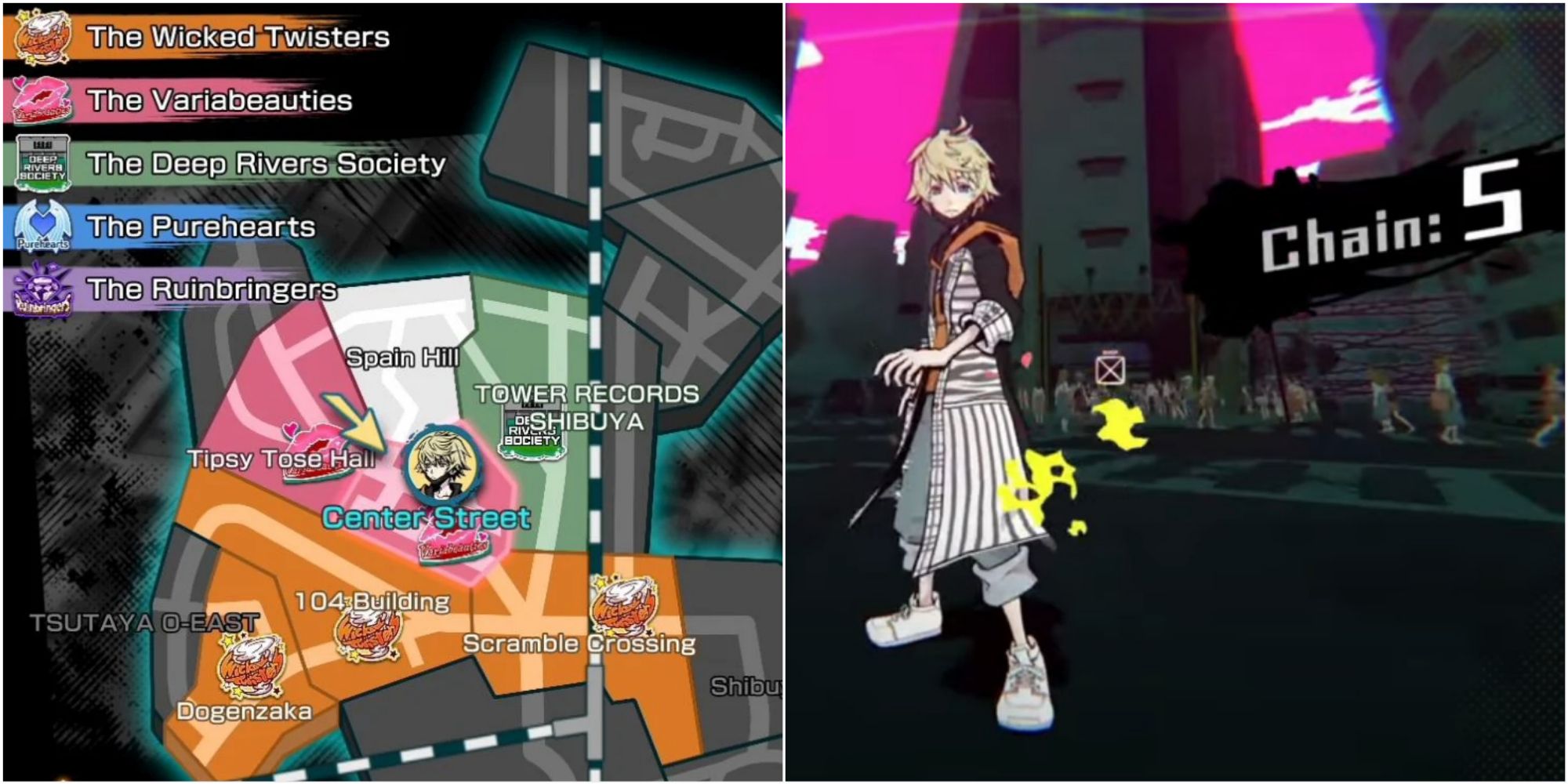 Split image screenshots of the NEO: The World Ends With You Scramble Slam map and Rindo Kanade engaging a 5 Noise Chain Reduction.