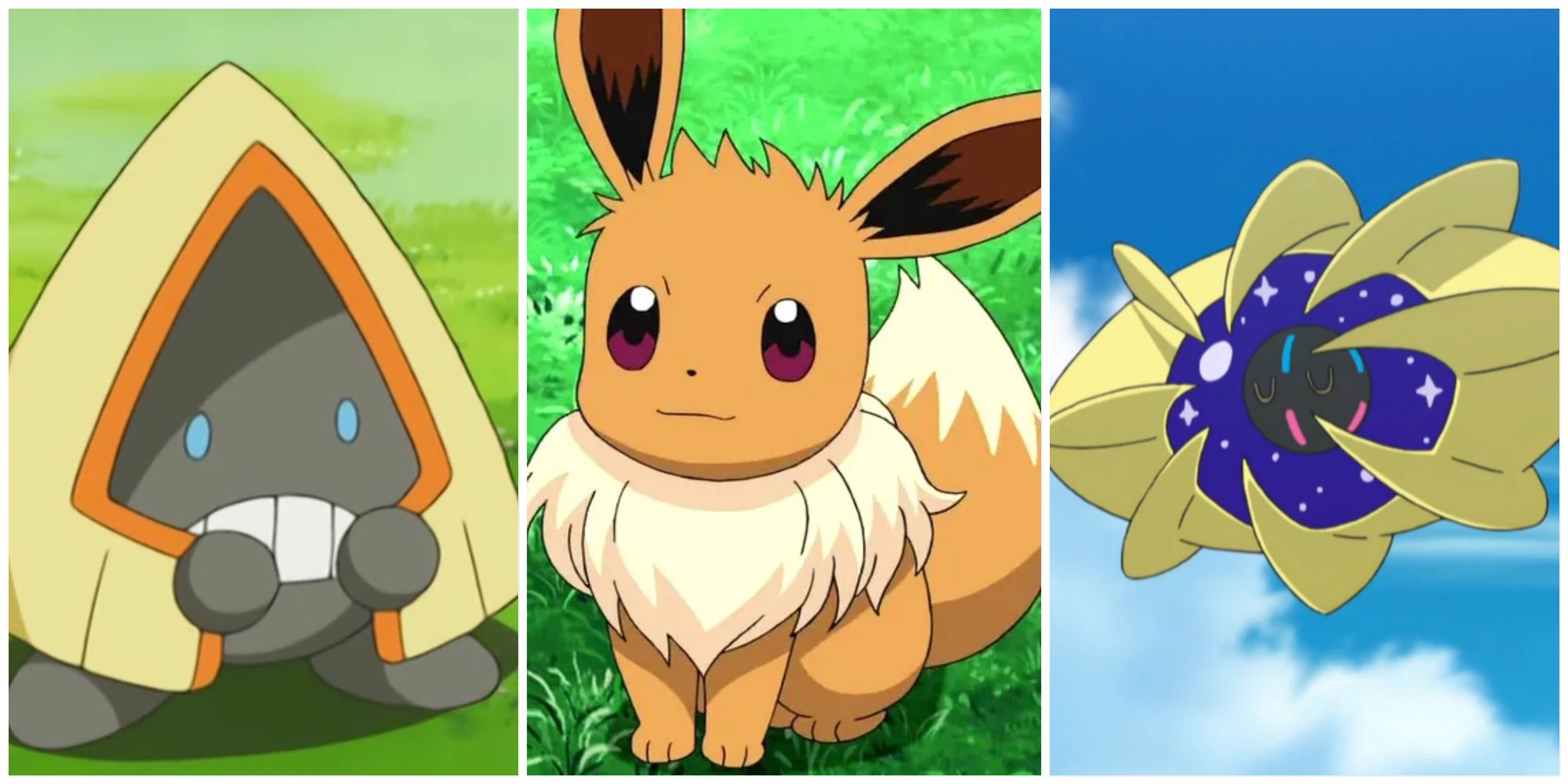 Split image screenshots of Snorunt, Eevee and Cosmoem in the Pokemon anime.