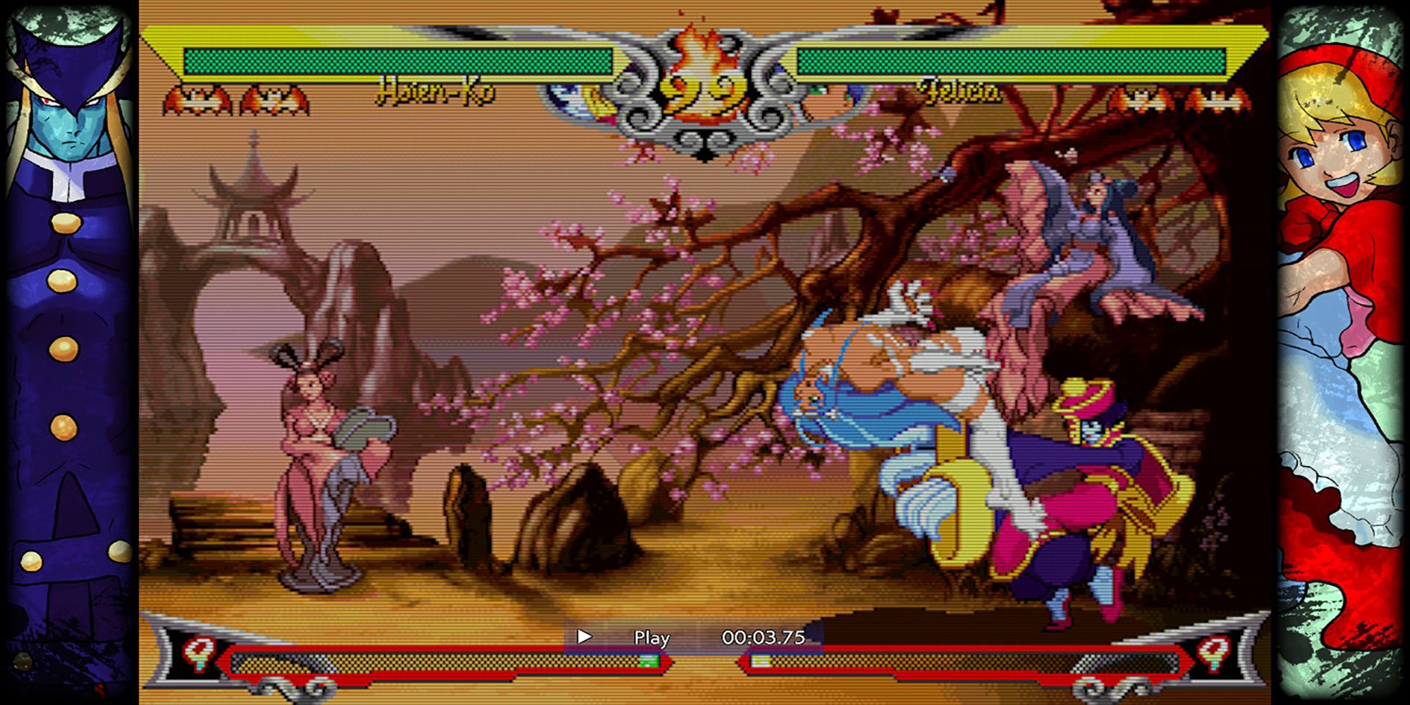 Felicia and Hsien-Ko fight in Vanity Paradise in Vampire Savior, a game in Capcom Fighting Collection.