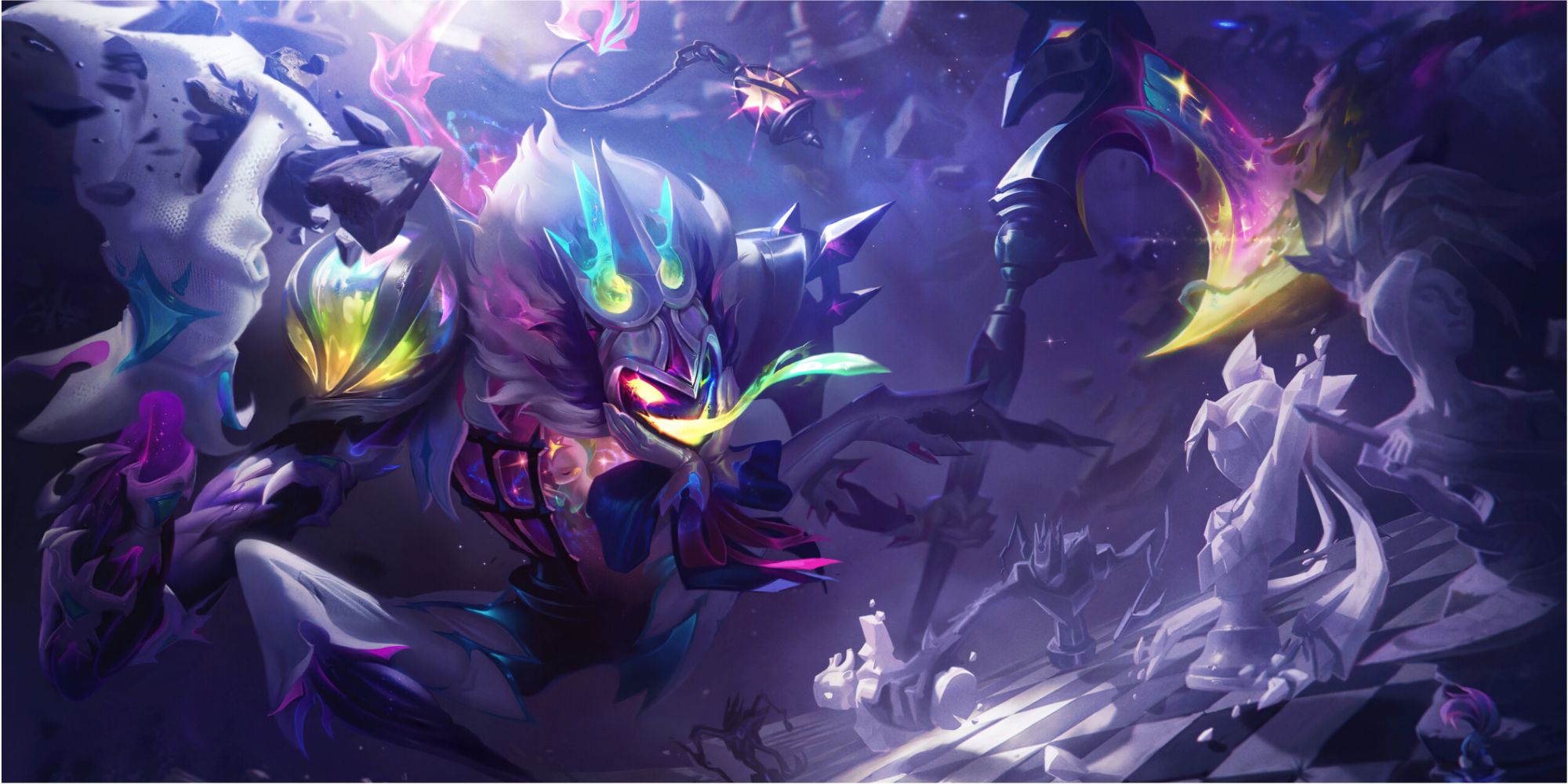 Star Nemesis Fiddlesticks tormenting Star Guardian Akali, its colors the only ones against the black and white chess