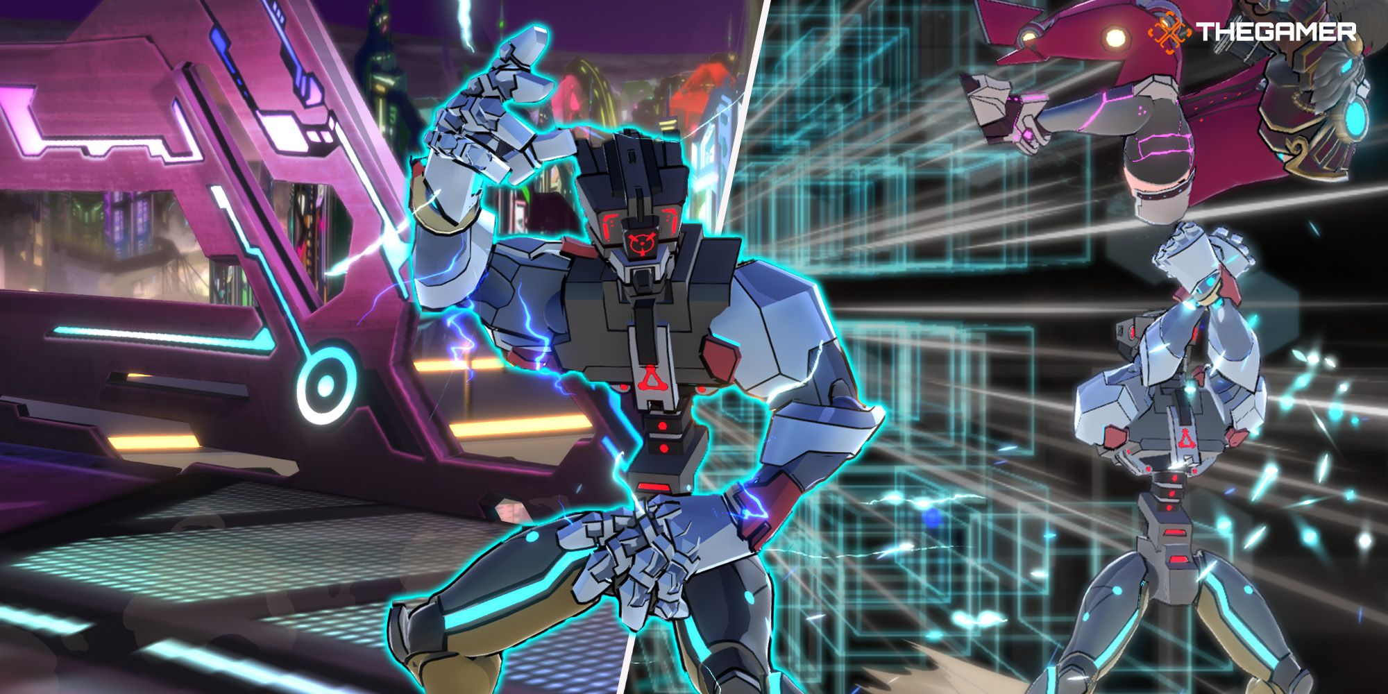 [Panel 1] A futuristic cityscape. [Panel 2] An Attack Mode Alpha Gear launches an opponent in the air with a super combo. [Forefront] A Combat Mode Alpha Gear prepares to fight. All images from Fight Of Steel.
